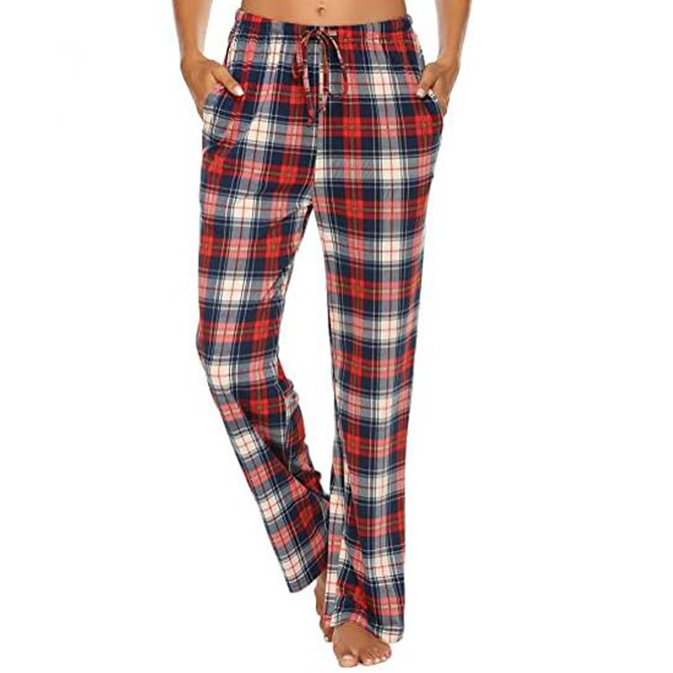 Casual Comfortable Pajamas Bottoms With Pockets Stretch Plaid Drawstring Pajama