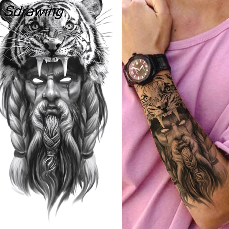 Sdrawing Wolf Temporary Tattoos For Men Women Adult Fake Lion Tattoo Sticker Tiger Black Tribal Body Art Drawings Tatoos Arm