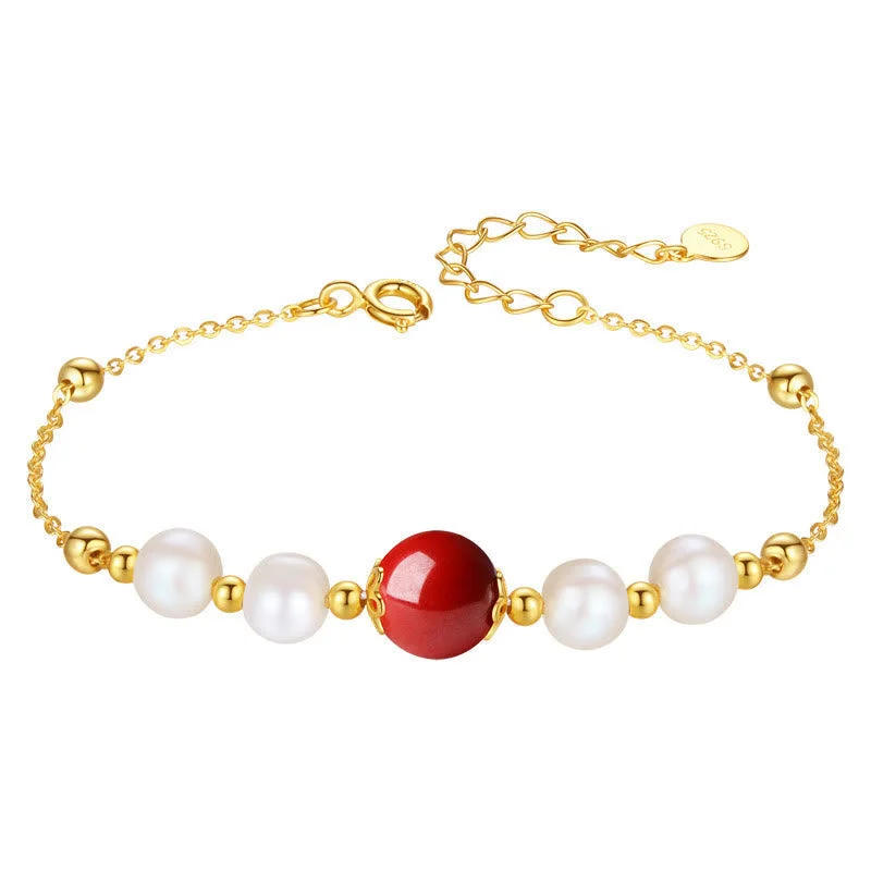 925 Sterling Silver Pearl Cinnabar Healing Bead Chain Bracelet