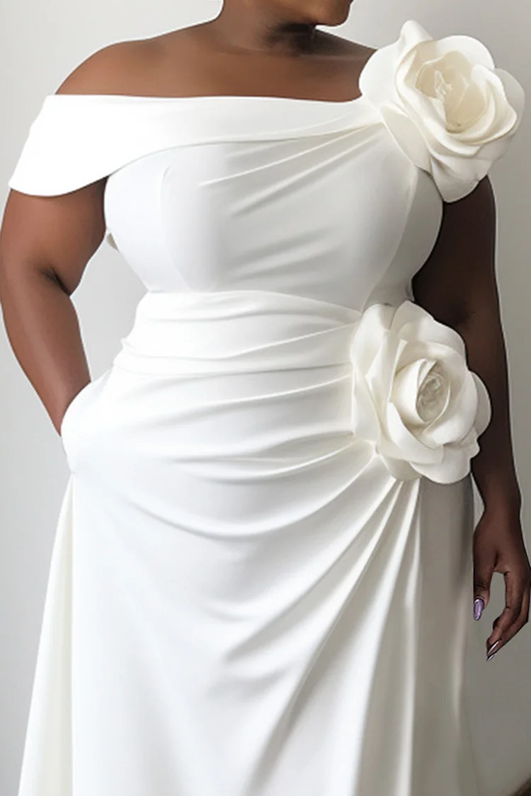 Xpluswear Design Plus Size Wedding White Elegant Asymmetrical Collar 3D Pocket Maxi Dresses