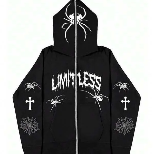 Y2k Gothic Spider Web Print Full Zip Up Hoodie Long Sleeve Sweatshirt at Hiphopee