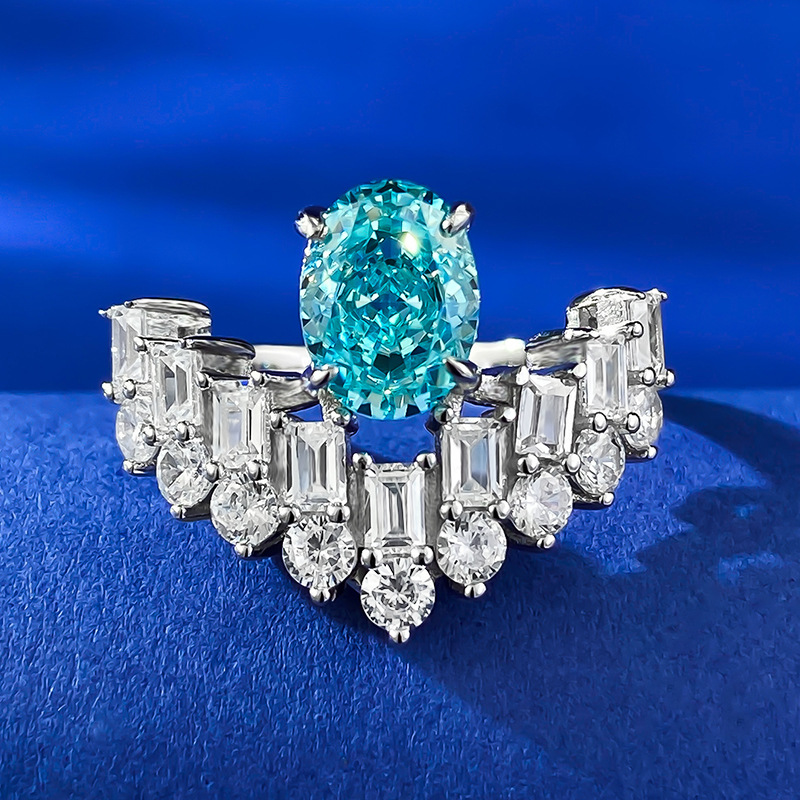 MIKAMU Jewelry Luxurious 925 Silver 6*8 Paraiba Diamond Ring
