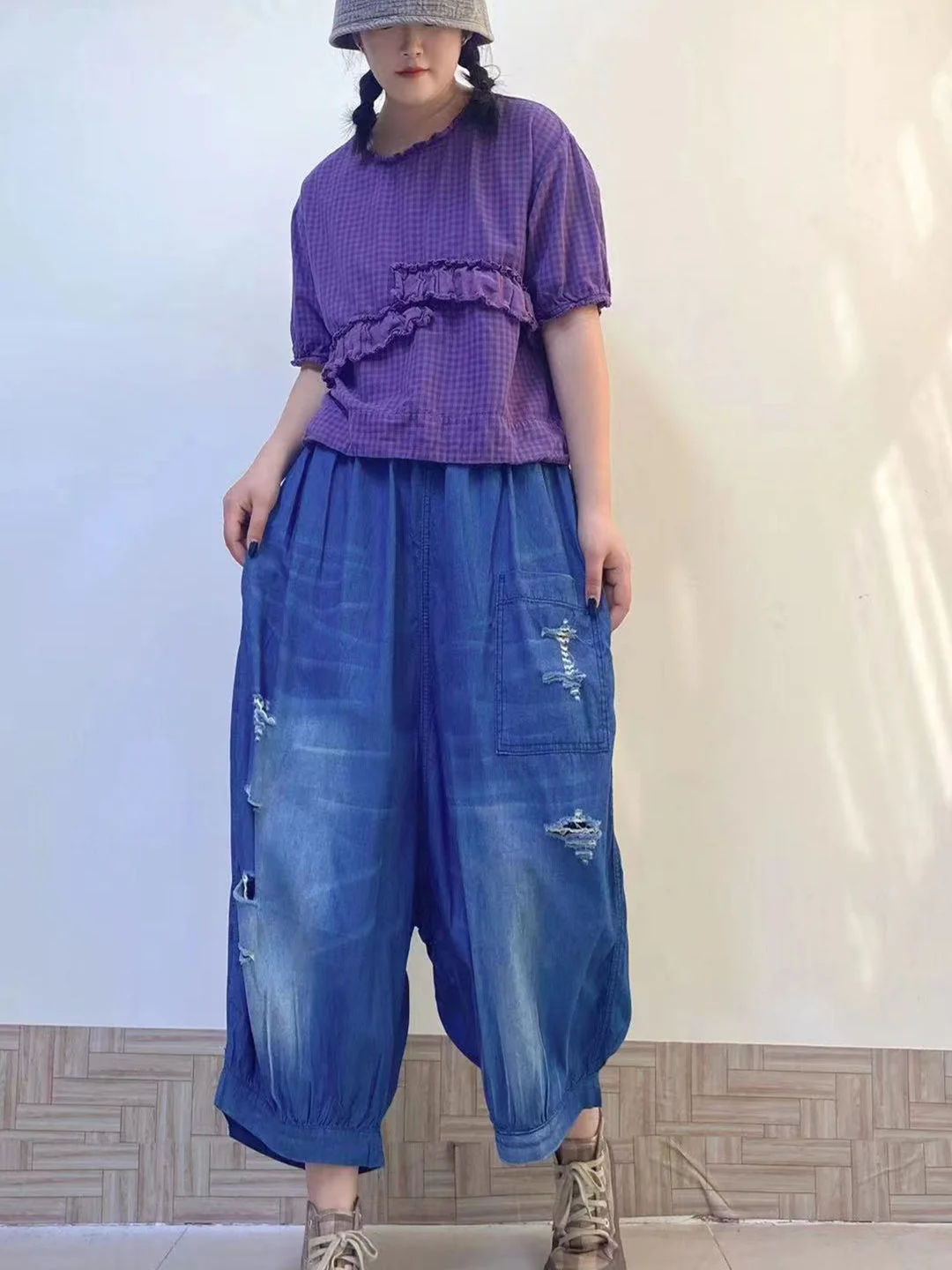 Women's Large Size High Waist Loose Wide Leg Ripped Denim Cropped Pants