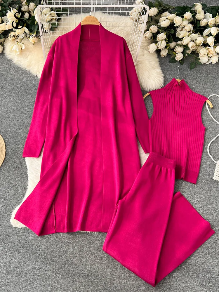 Huibahe Winter Casual Knitted Three Pieces Suits Women Long Sleeve Cardigans+Turtleneck Knit Tank Top+Warm Long Pant Sets