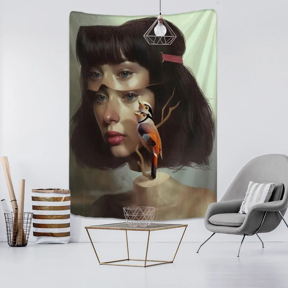 Landscape Woman Tapestry Wall Hanging Psychedelic Witchcraft Natural Mountains And Rivers Ink Painting Home Decor