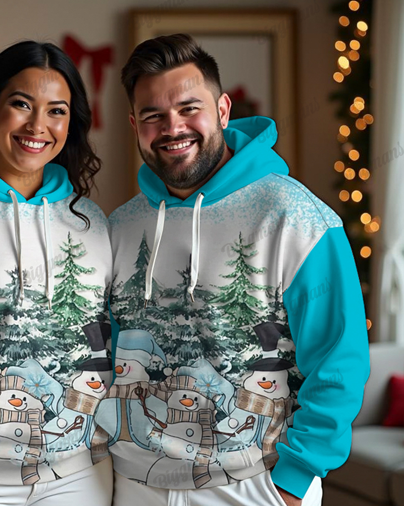 Couple's Plus Size Snowman Scene Printed Long Sleeve Hoodie