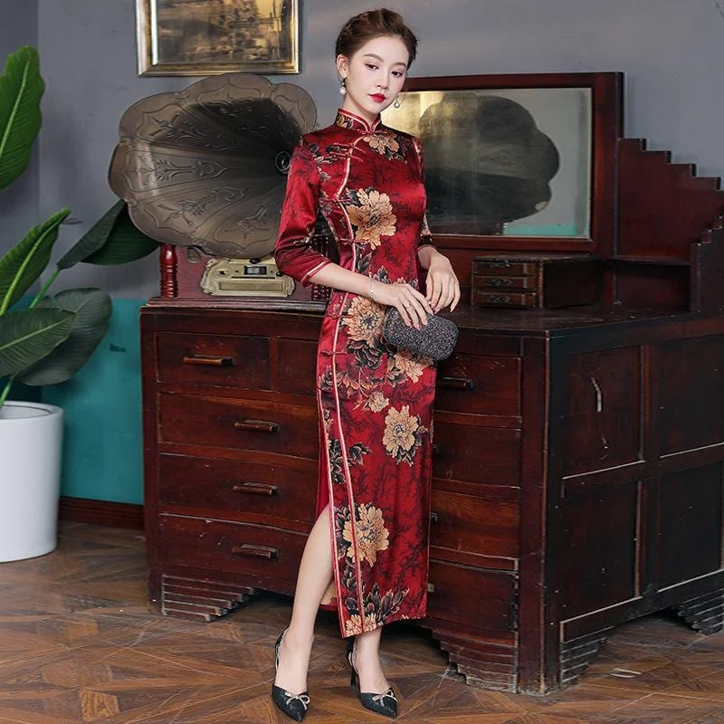 19 mome mulberry silk, floral pattern high end long Qipao