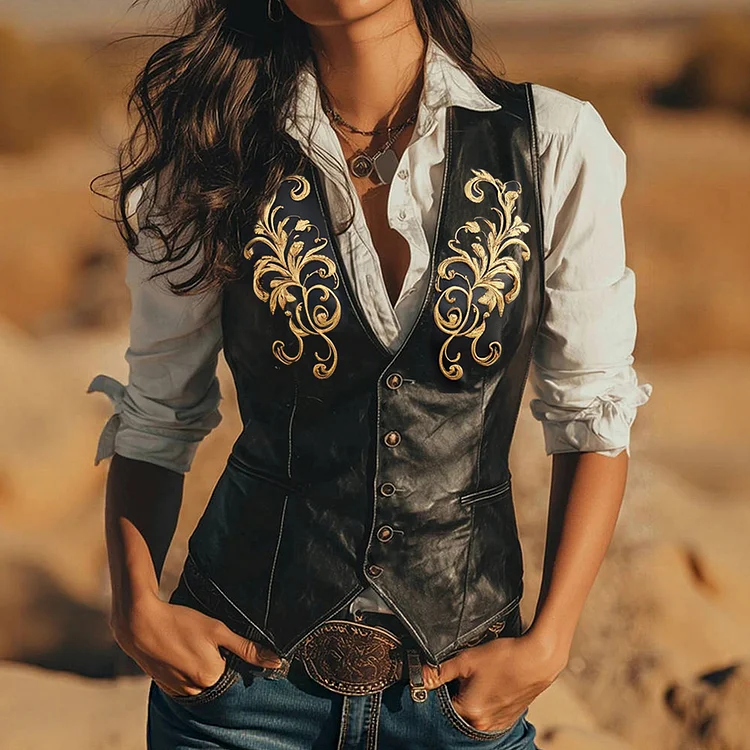 Ursime Western PU Leather Gold Floral Pattern Single Breasted Vest
