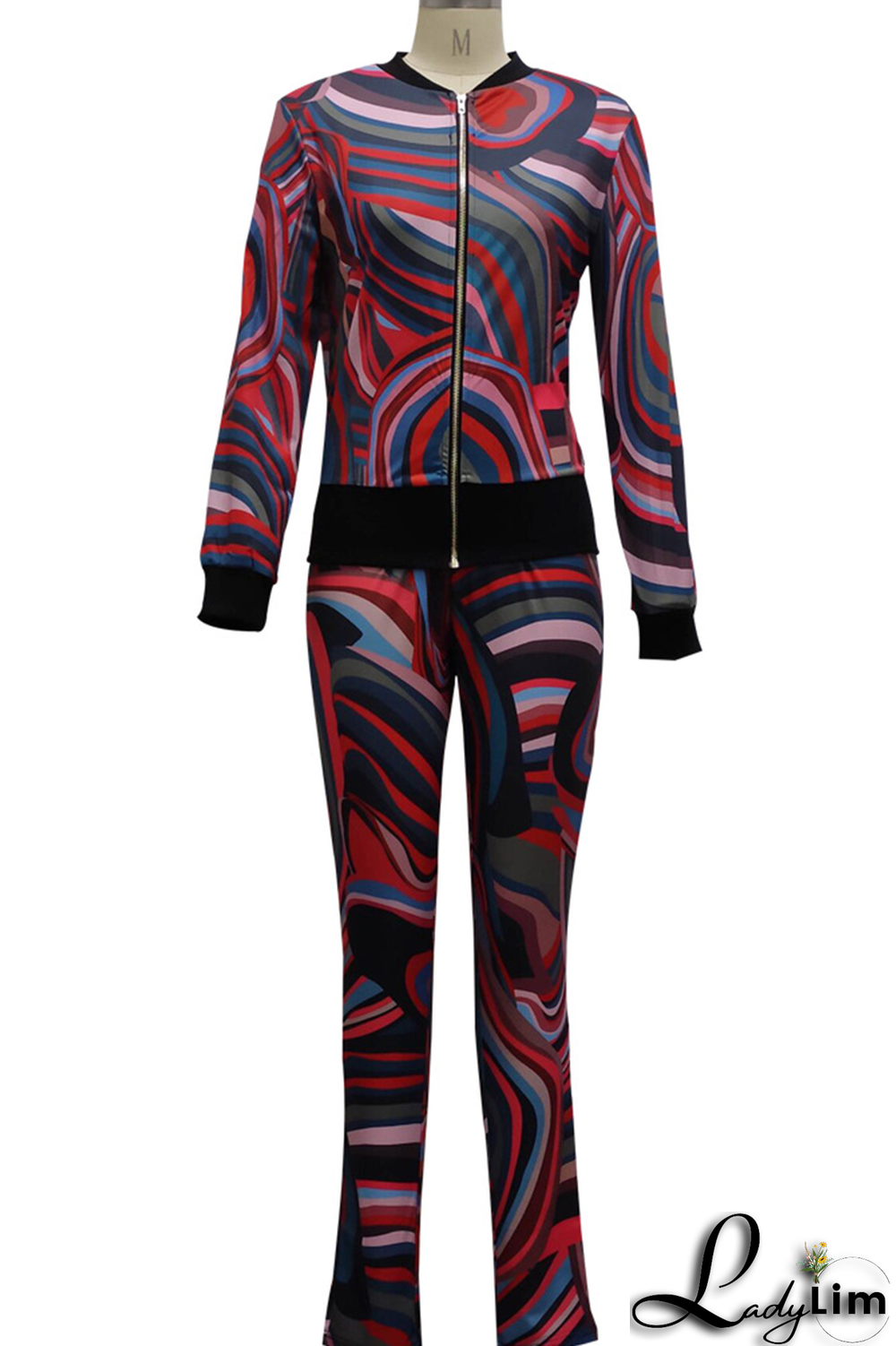 Colour Sexy Print Split Joint Zipper Collar Long Sleeve Two Pieces