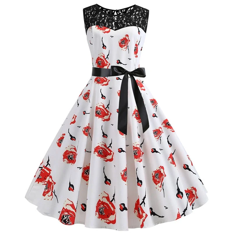Lace Patchwork Floral Print Women Summer Dress Hepburn 50s 60s Elegant Vintage Dress Office Ladies A-Line Party Dresses Belt
