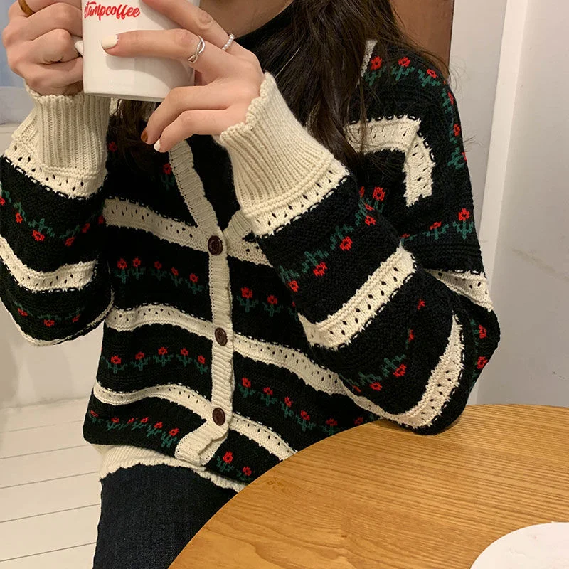 Floral Cardigan Women Retro Loose Single Breasted Lovely Girls Gentle Comfort Teenagers Outwear Sweaters High Quality Casual New