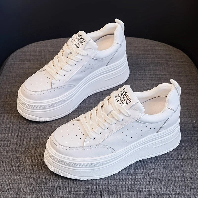 Fujin 7cm Genuine Leather Platform Wedge Shoes Chunky Sneakers White Comfortable Leather Super Thick Sole Spring Autumn Shoes