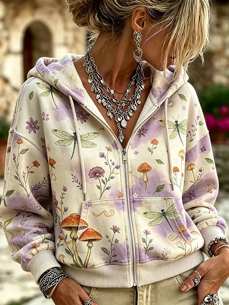Comstylish Women's Retro Washed Bohemian Style Dragonfly Mushroom Wildflower Print Zip-up Sweatshirt