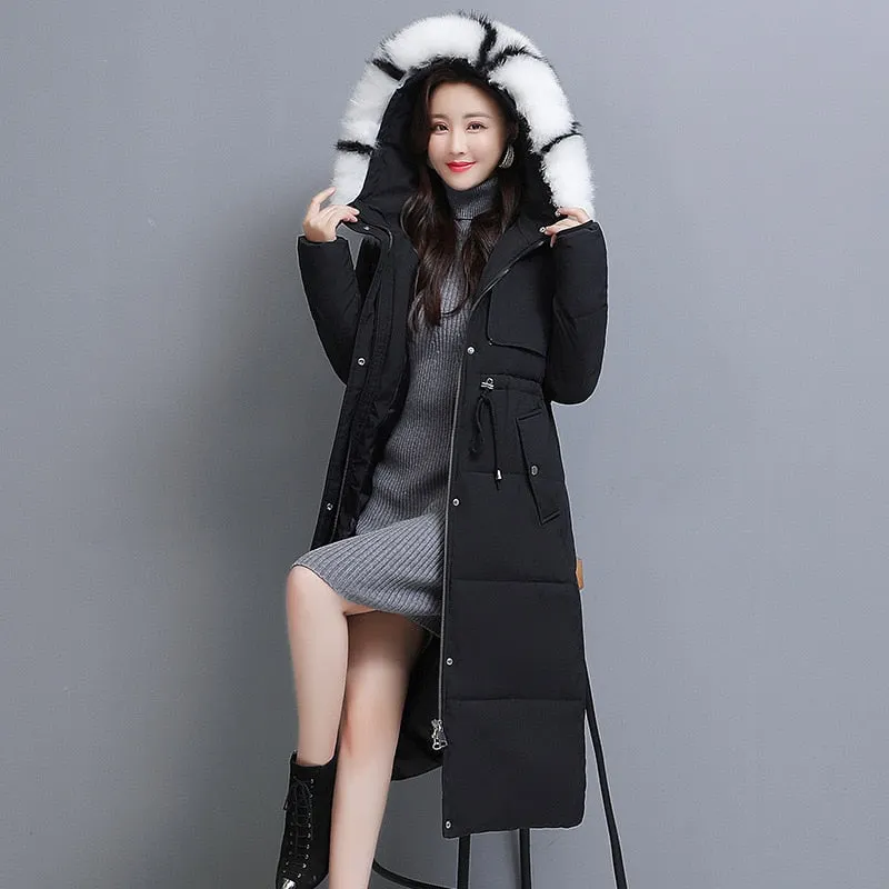 New High quality Over-knee Down Padded Jackets Large Fur collar 2021 Winter Jacket Slim Thick Women's Parka Solid Female Coats