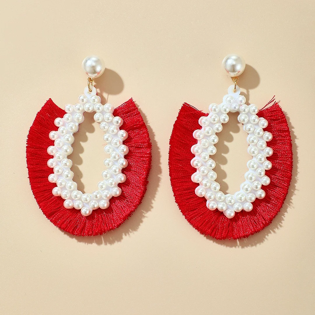 Women plus size clothing Bohemia Round Pearl Tassel Fan Shape Earrings Wholesale Cheap Jewelry-Nordswear