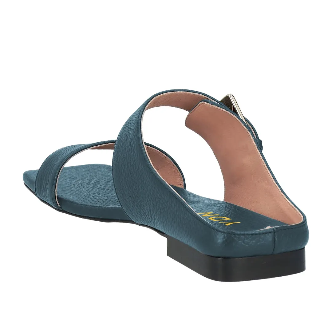 Teal Square Toe Two Straps Flat Slip On Mule Shoes for Women