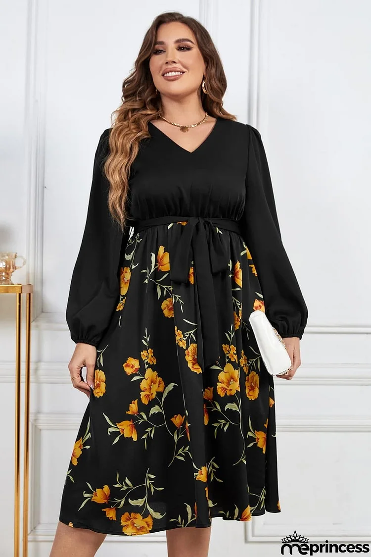 Melo Apparel Plus Size Floral Print Tie Belt V-Neck Balloon Sleeve Midi Dress