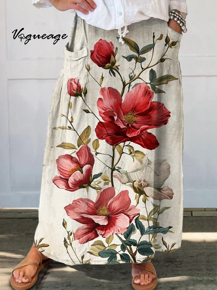 Bright Stylish Elegant Flowers Printed Women's Casual Cotton And Linen Skirt
