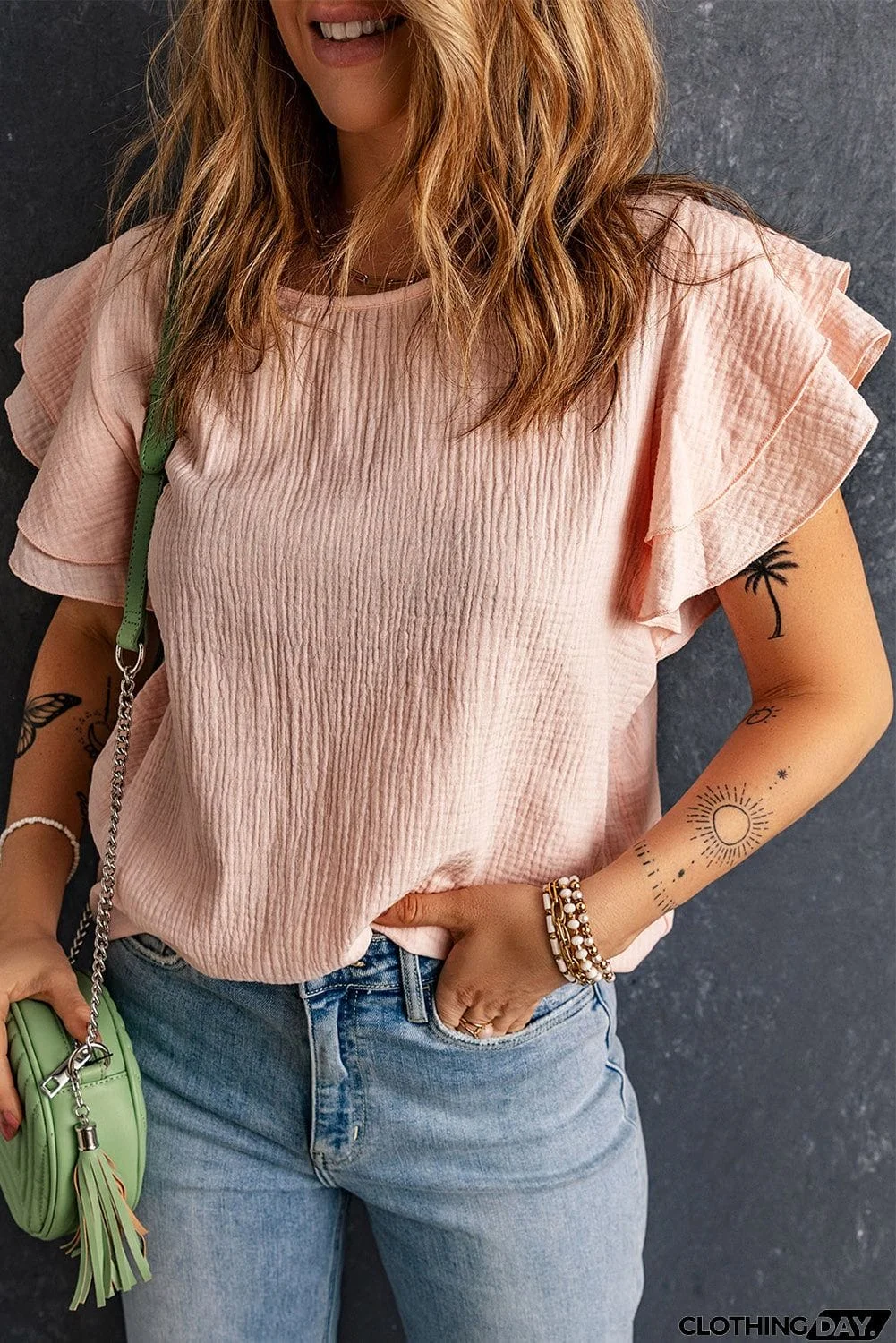 Textured Flutter Sleeve Keyhole Blouse