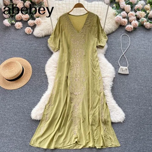 2023 Black/White/Pink Hollow Out Embroidered Maxi Dress Women Elegant V Neck Short Sleeve High Waist A-Line Party Vestidos