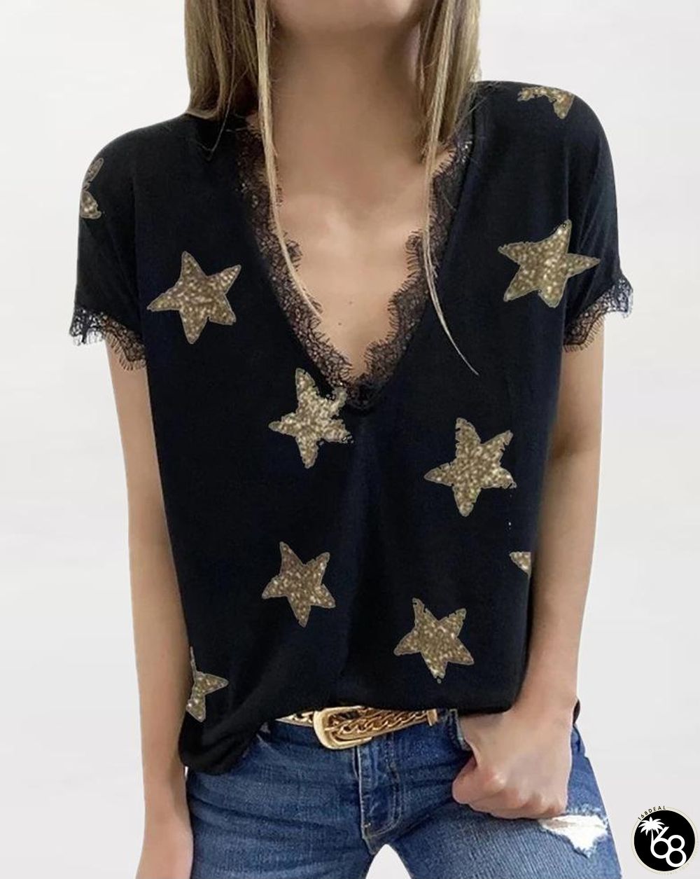 V-neck Five Pointed Star Print T-shirt | 168DEAL