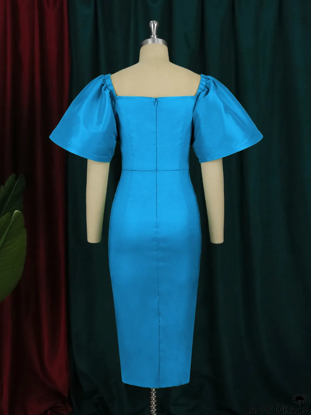 Summer Women's Solid Color Slim Puff Sleeve Dress Sexy Split Patty Dress