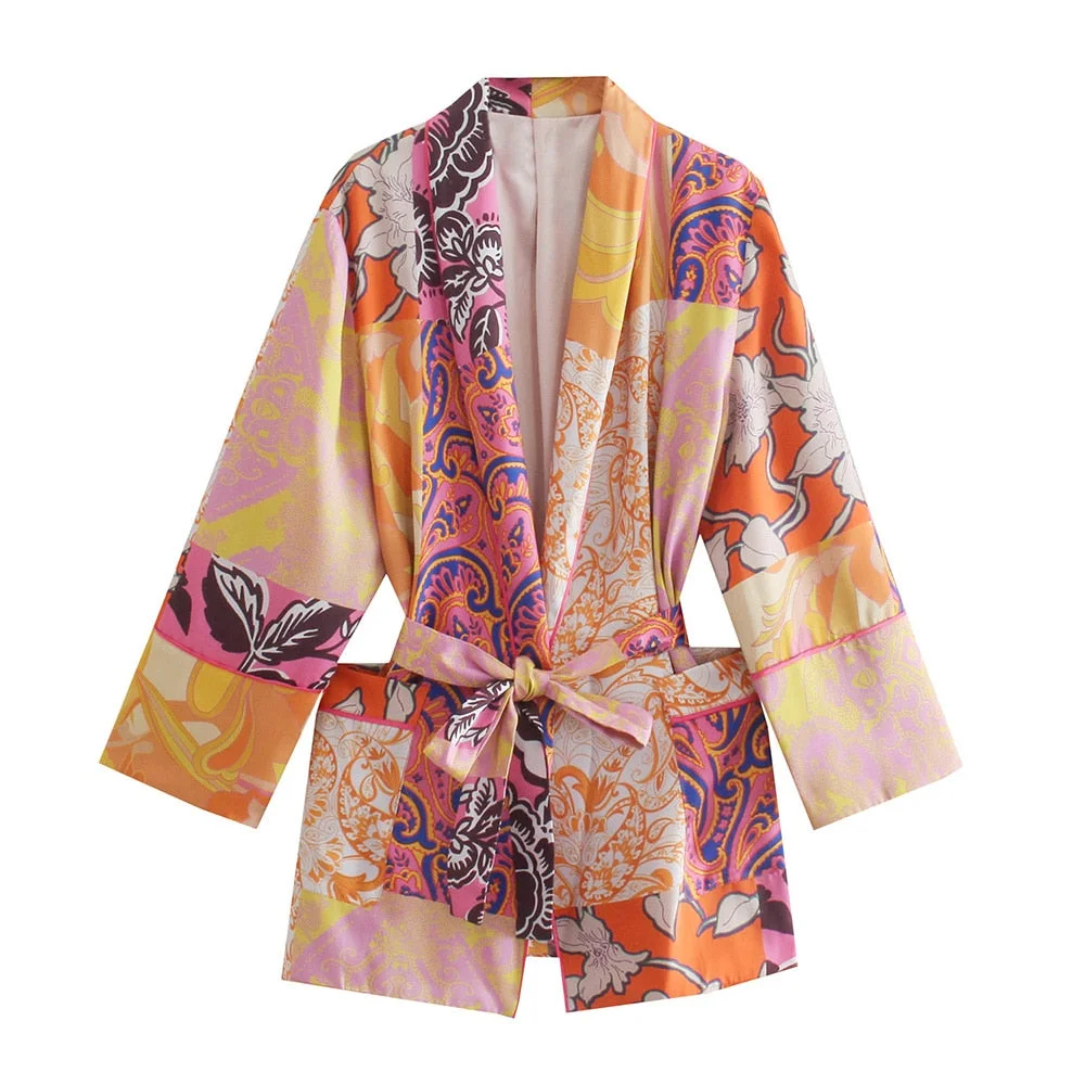 XIKOM Women Two-piece Set  Print Kimono Vintage Belt Long Sleeve Loose Shirt Female Fashion Beach Style Shorts Suits