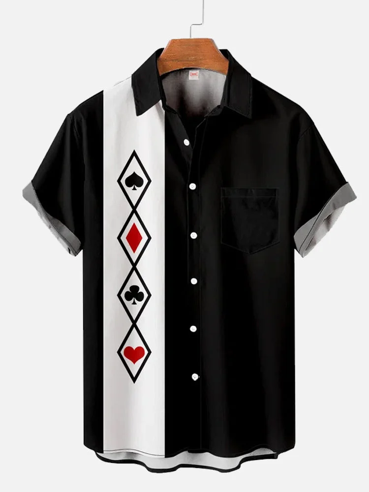 50s Black And White Stitching Poker Printing Breast Pocket Short Sleeve Shirt