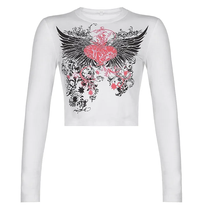 HEYounGIRL Heart Print 2000s Aesthetic Crop Top T Shirt Women Harajuku Black Long Sleeve T-shirt Ladies Fashion Basic Tshirt