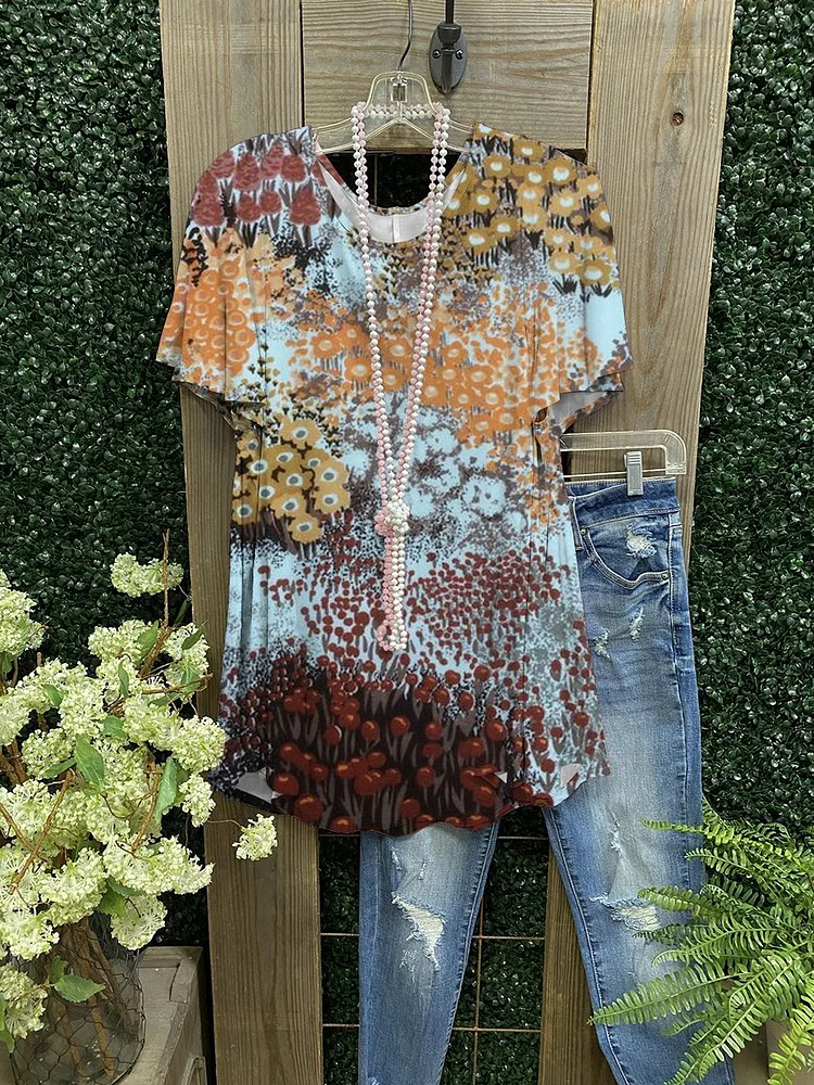 Vintage Flower Print Casual T-shirt-Mayoulove