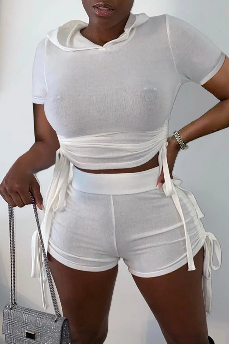 White Fashion Casual Solid Bandage Hooded Collar Short Sleeve Two Pieces