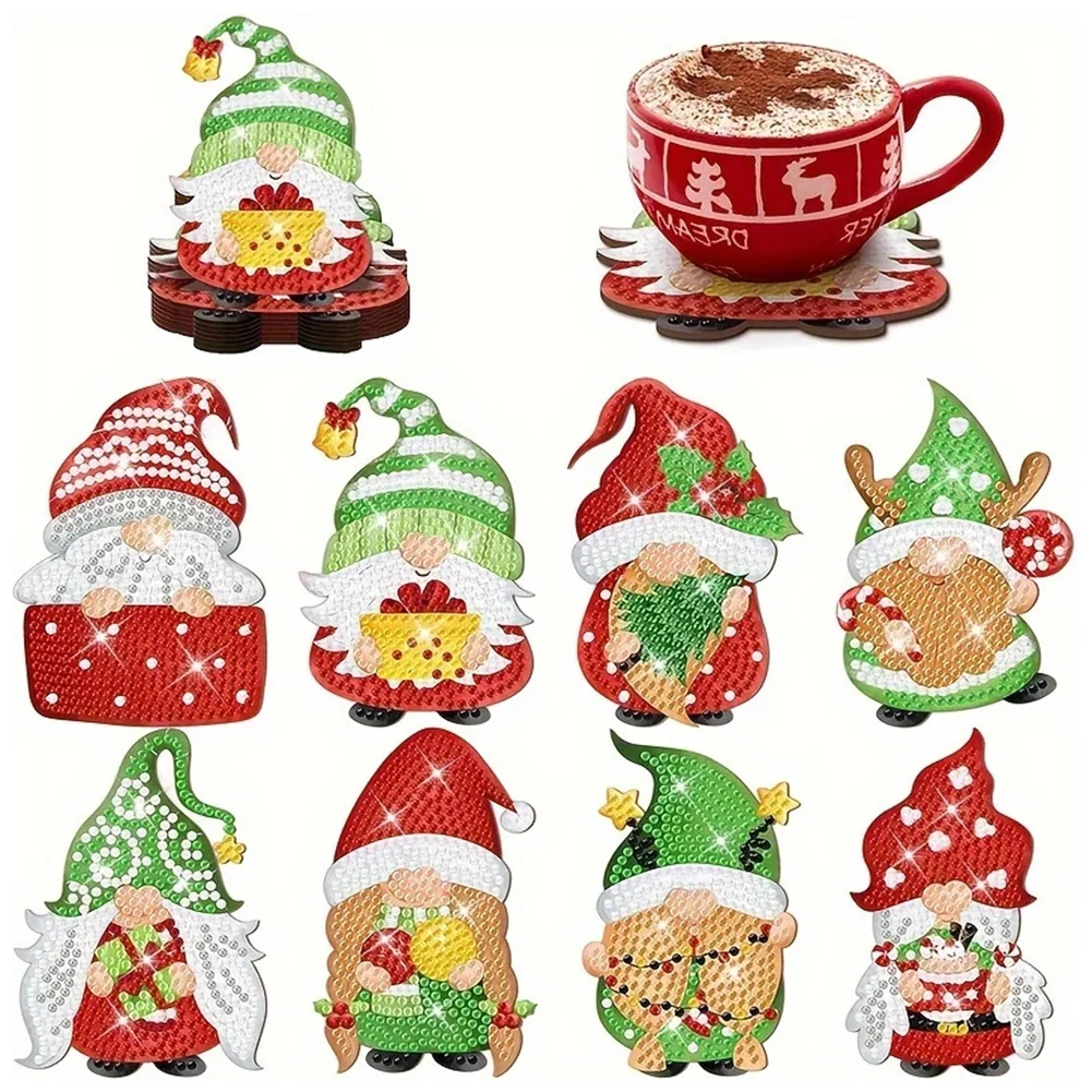 8Pcs Wooden Christmas Gnome Diamond Painting Coasters with Holder Gift for Mom