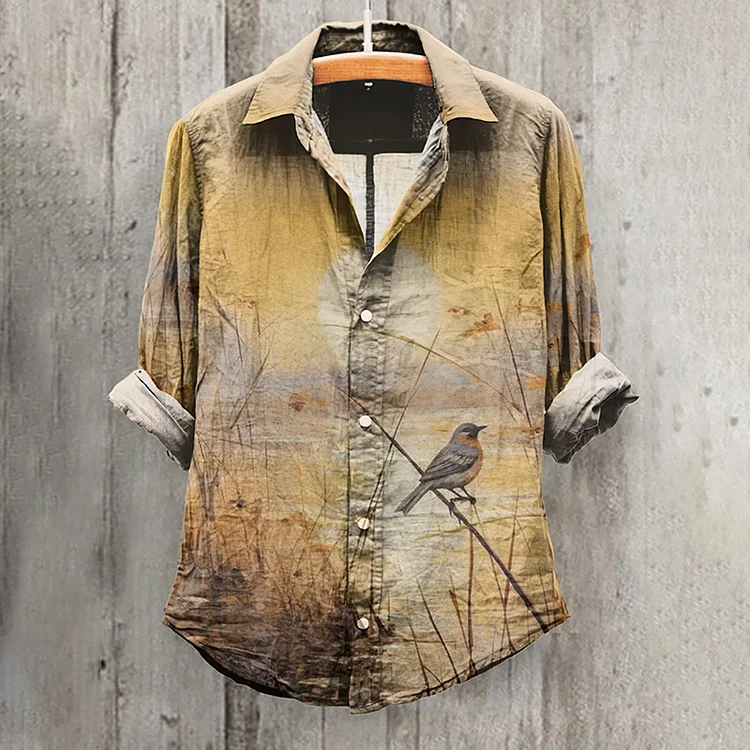 Comstylish Vintage Lake Sunrise Bird Scene Print Cotton And Linen Shirt