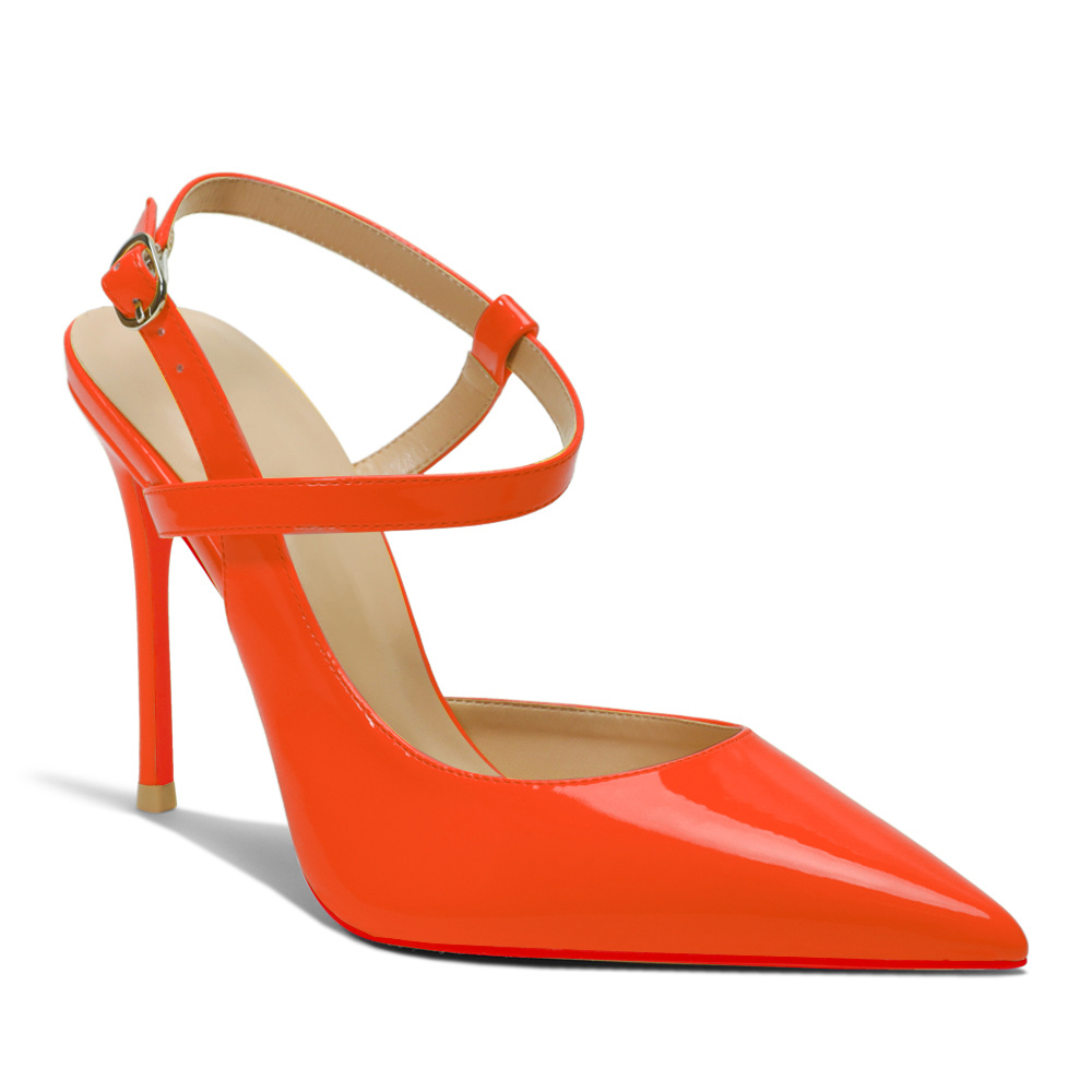 100mm Women Slingback Pumps Ankle Strap Jenlove Stiletto High Heel Close Pointed Toe Dress Red Bottoms Patent Shoes-MERUMOTE