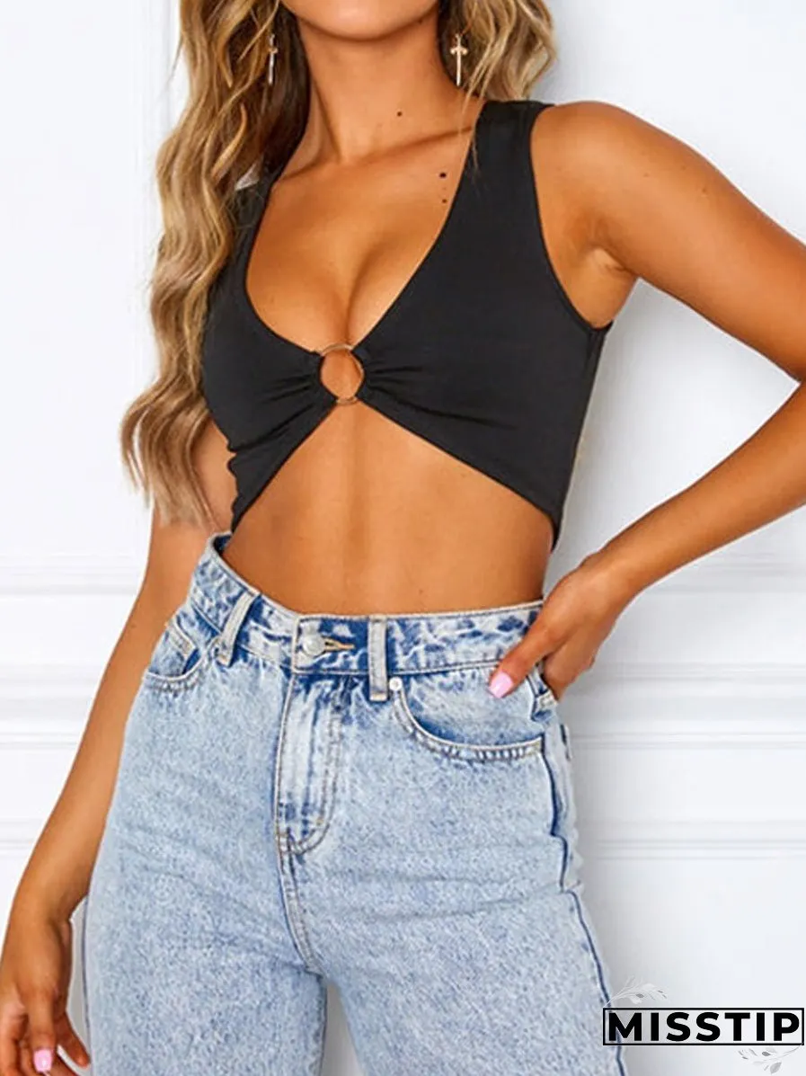 Sexy Crop Workout Plunge Ring Cleavage Cropped Deep V Neck Tank Top - Scoop - Bare