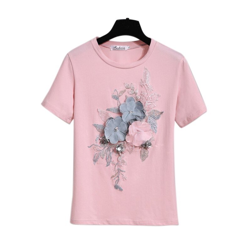 Summer Embroidery Beading Flower Tshirts Women O Neck Short Sleeve Girl Tops T-shirts Women Floral Tee Shirt
