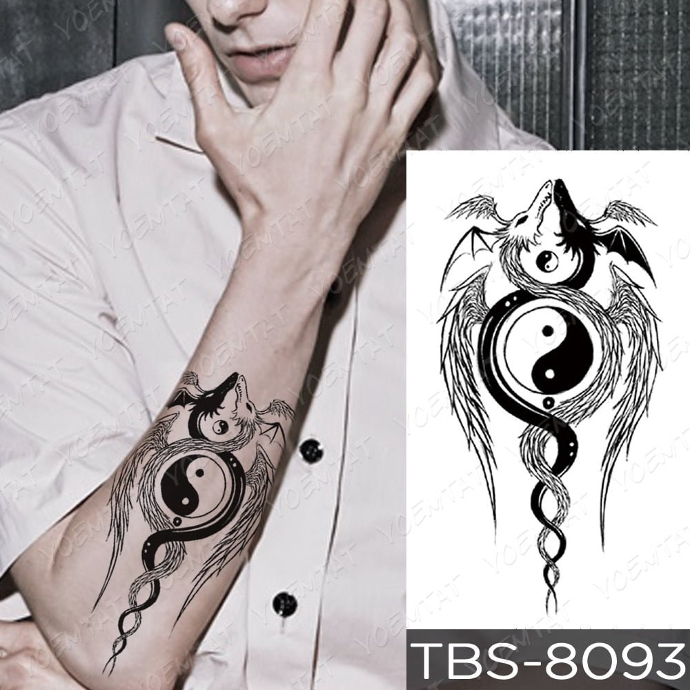 Waterproof Temporary Tattoo Sticker Yin Yang Dragon Feather Wings Flash Tattoos Wolf Totem Body Art Arm Fake Tatoo Men