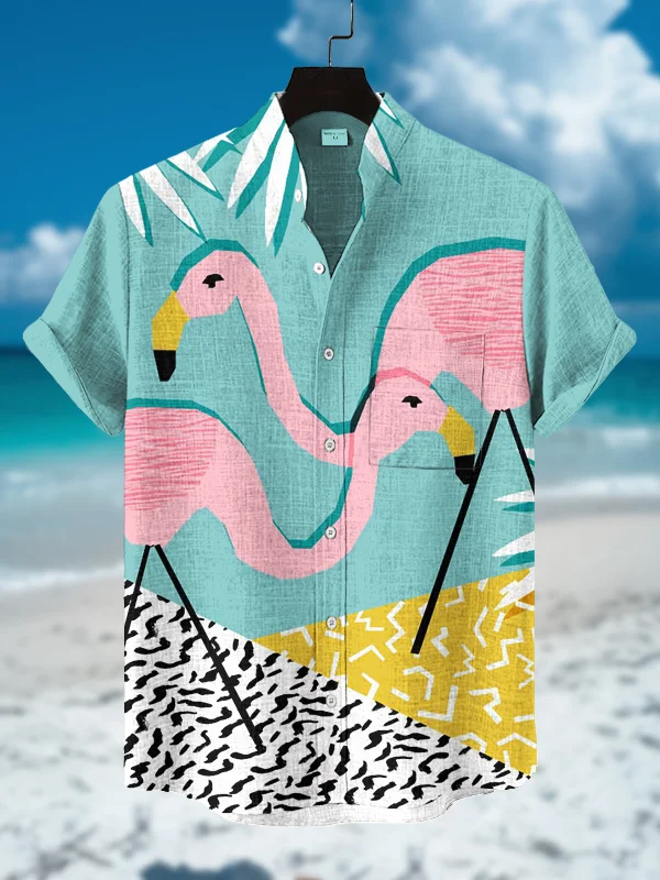Men's Flamingo Geometric Patchwork Art Print Short Sleeve Shirt