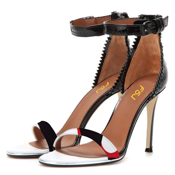 Black Zigzag Ankle Strap Sandals Open Toe Stiletto Heels |FSJ Shoes