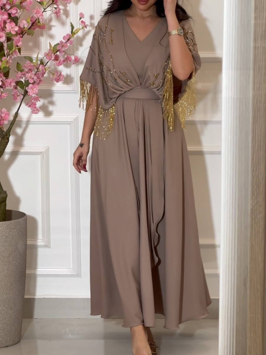 Gold Thread Fringe V Neck Short Sleeve Elegant Dress | Oxredo Shop Ramadan Sale