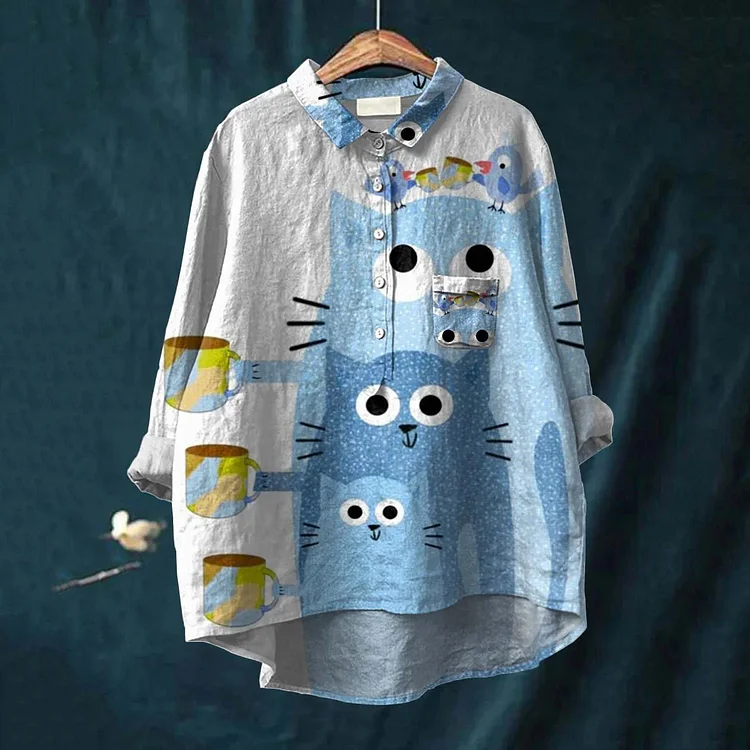 Comstylish Blue Cat Print Casual Cotton And Linen Shirt