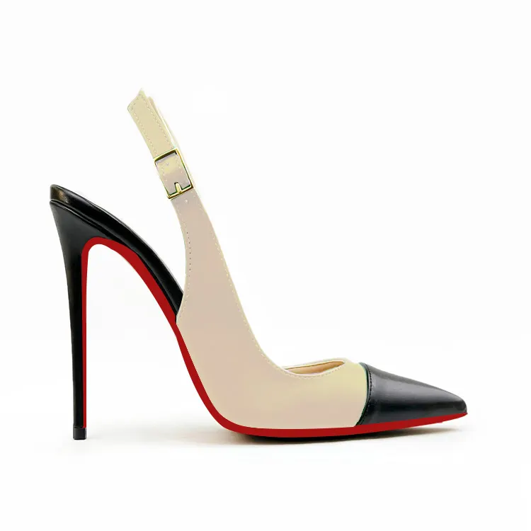 120mm/100mm Women's Sandals Black Stitching Pointed Toe Slingback Red Bottom Heels