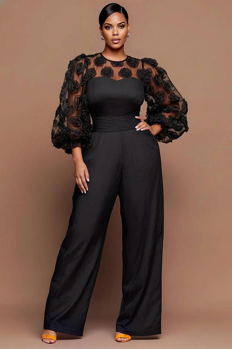 Xpluswear Design Plus Size Wedding Guest Black Round Neck Half Sleeve Pocket 3D Jumpsuits [Pre-Order] 2024 - Xpluswear