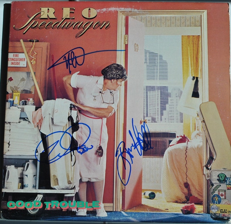 REO SPEEDWAGON SIGNED Album X3 Good Trouble Kevin Cronin, Neal Doughty, Bruce Hall wcoa