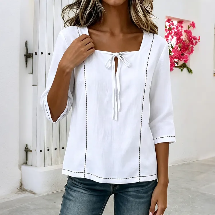 Women's Casual Solid Color Tie-neck Square-neck Mid-sleeve Shirt