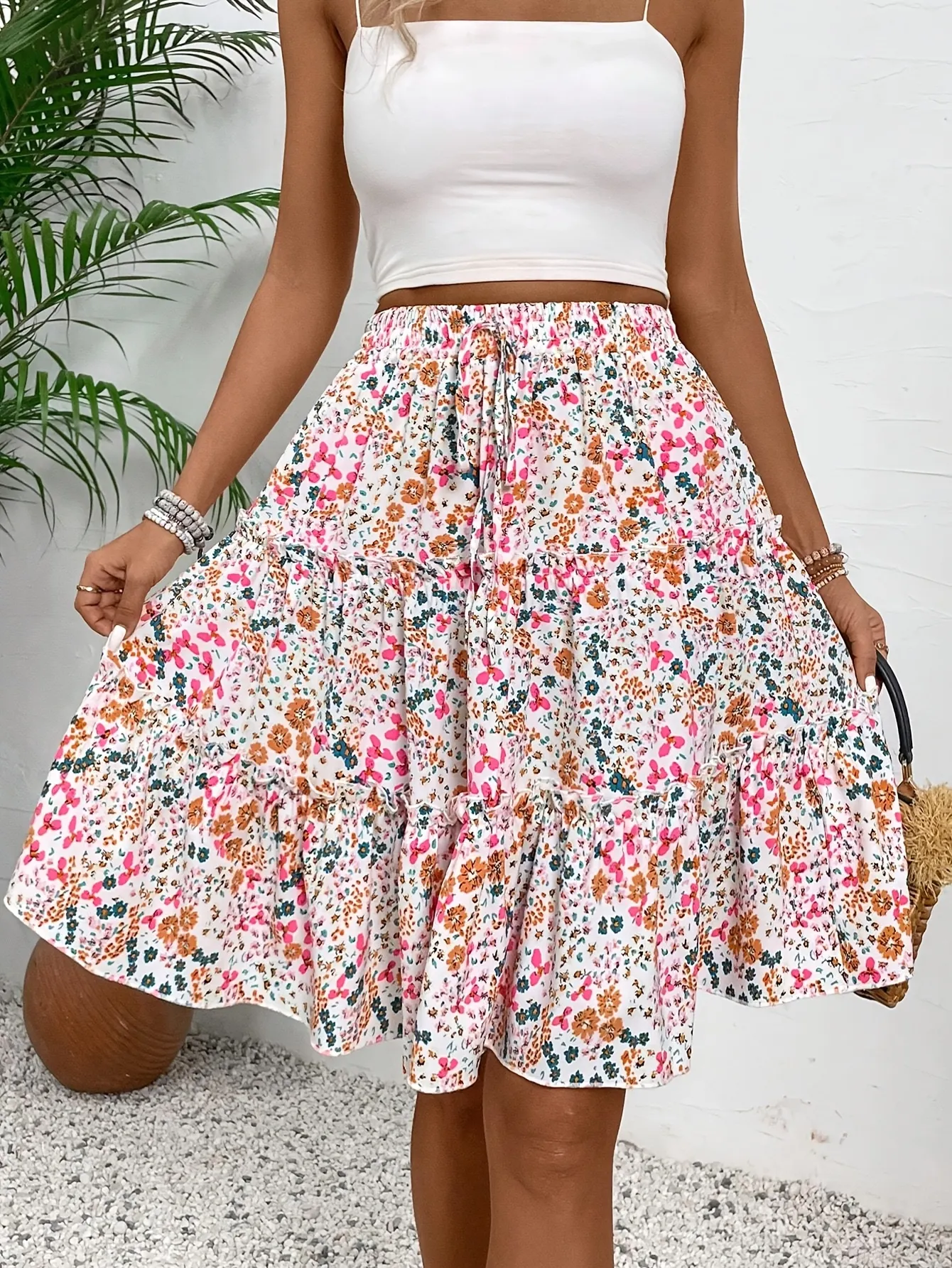 Elegant Floral Print Tiered Ruffle Hem Skirt For Women Polyester Woven Fabric Spring