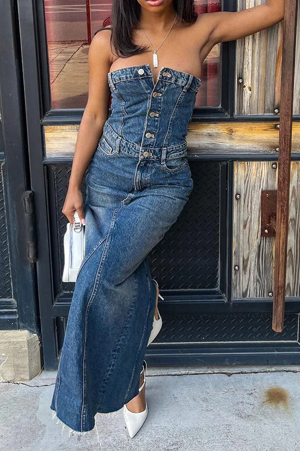 Bandeau Rocking Split Back Denim Midi Dress