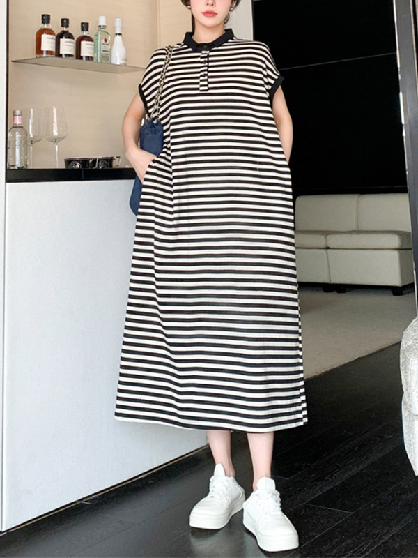 Striped Pattern Polo Collar Short Sleeve Side Pockets Maxi Dress