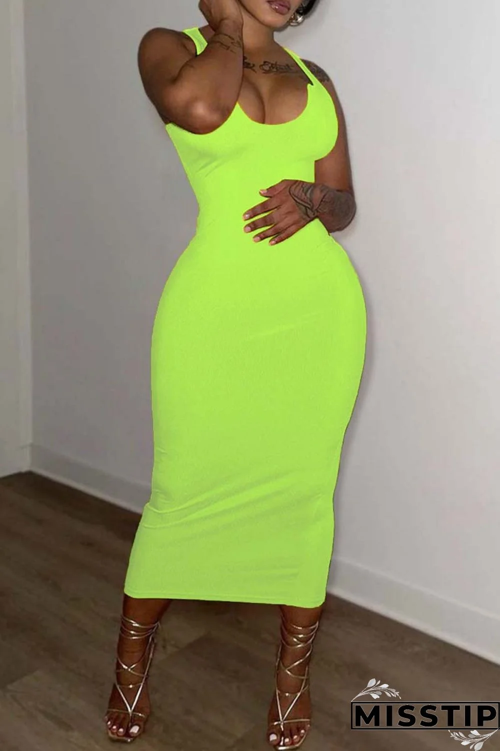 Fluorescent Green Sexy Solid Basic U Neck Vest Dress Dresses