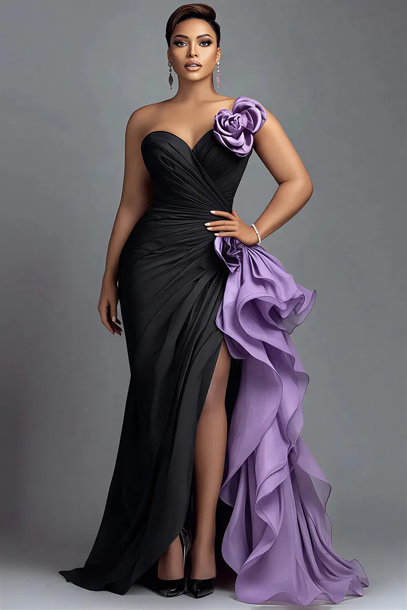 xpluswear black dresses Design Plus Size Formal V Neck Split Elegant Ruffle Maxi Calf Width:53cm Cocktail Party 20250519_FP Alice + Olivia Kerr
